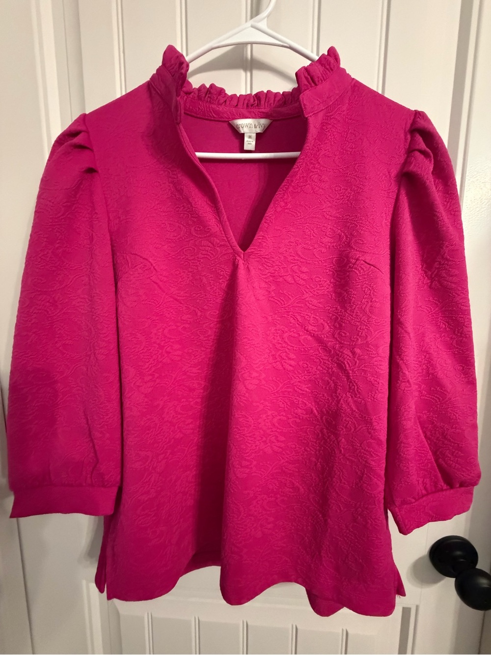 crown & ivy Bright Pink Textured Ruffle Neck Tunic